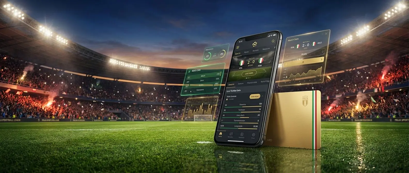 Banner sportivo con stadio, statistiche e smartphone per l’offerta di benvenuto Bwin