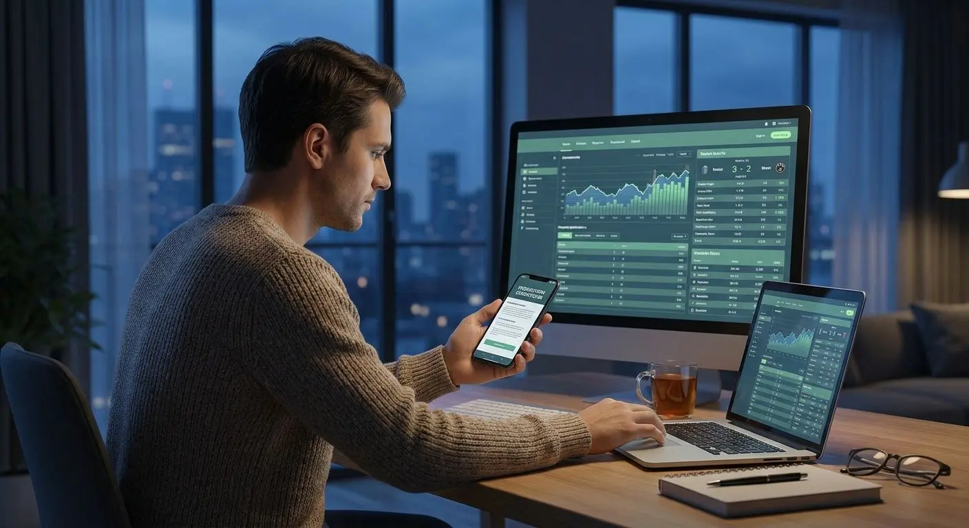 Utente informato che controlla condizioni e saldo bonus su laptop e smartphone
