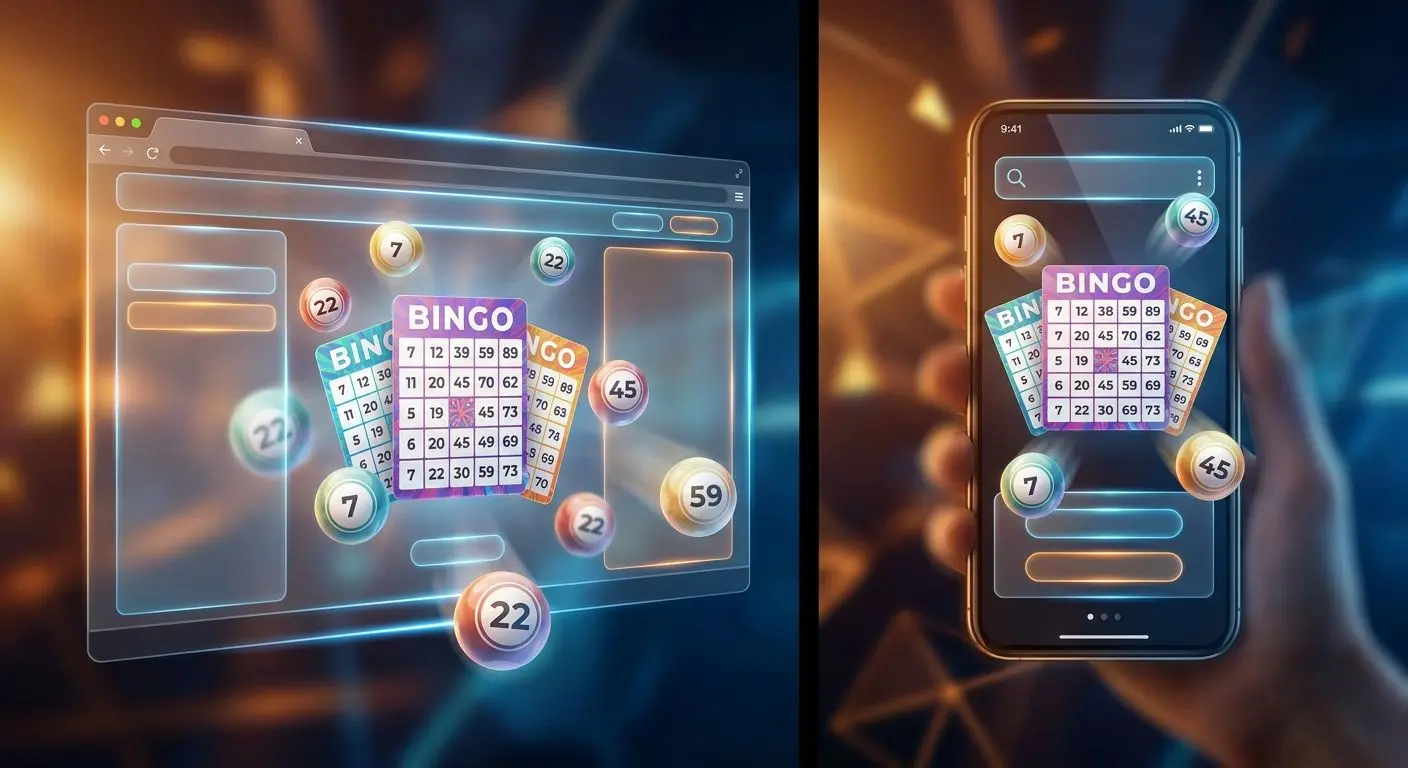 Atmosfera di sala bingo online con cartelle, palline numerate e interfaccia desktop e mobile