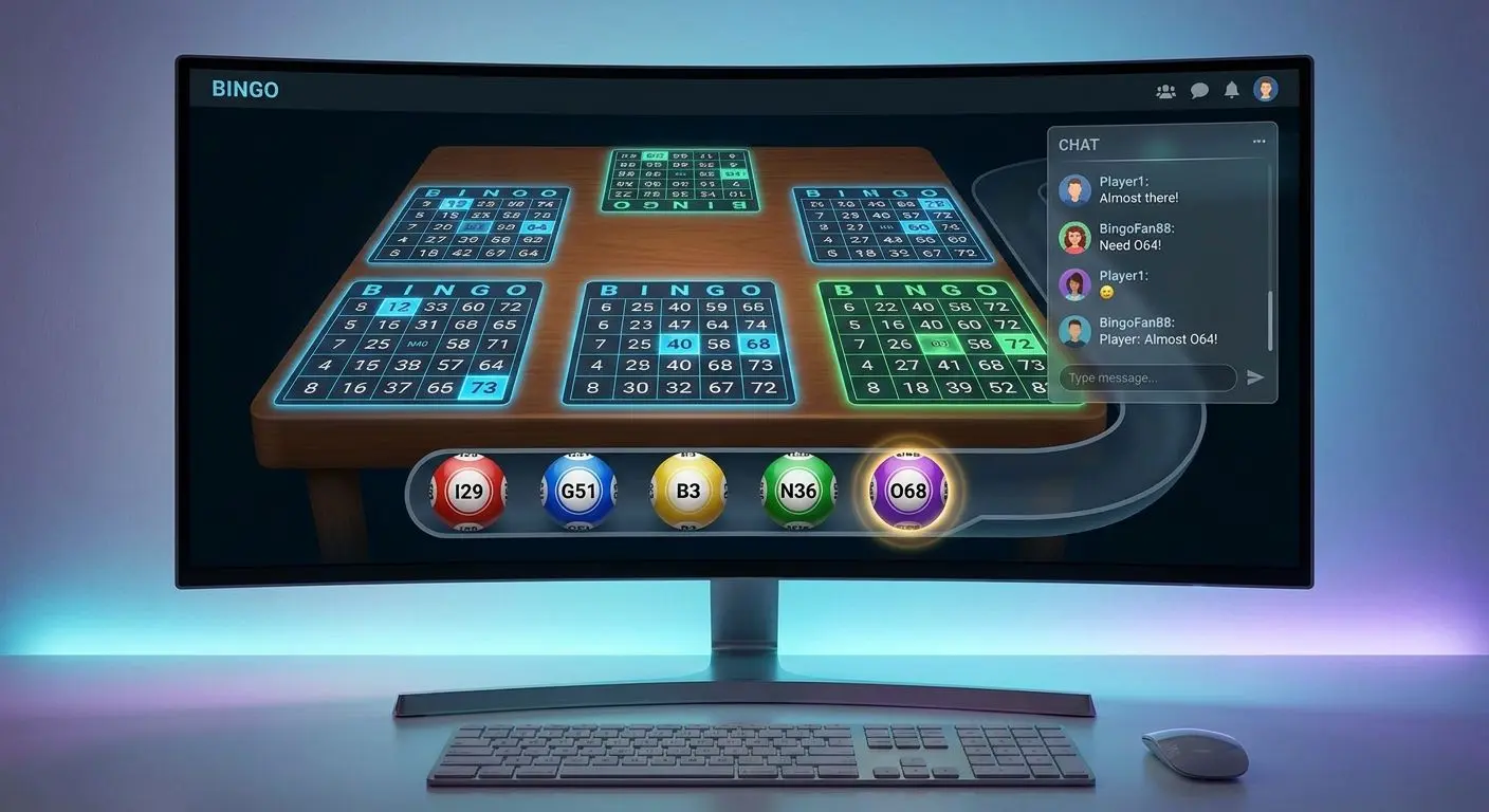 Interfaccia di bingo online con cartelle digitali e numeri evidenziati