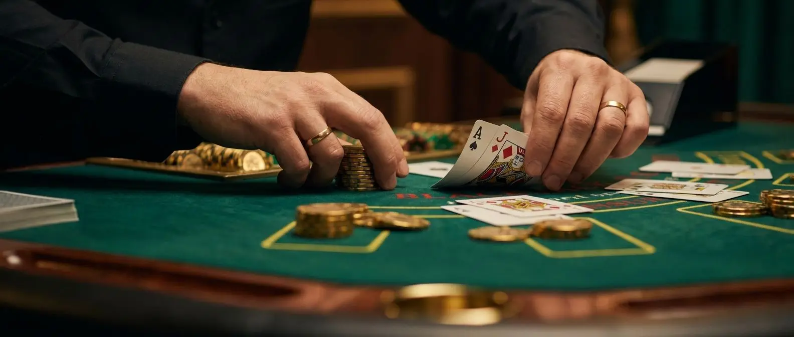 Tavolo live blackjack con carte e dealer in ambiente elegante