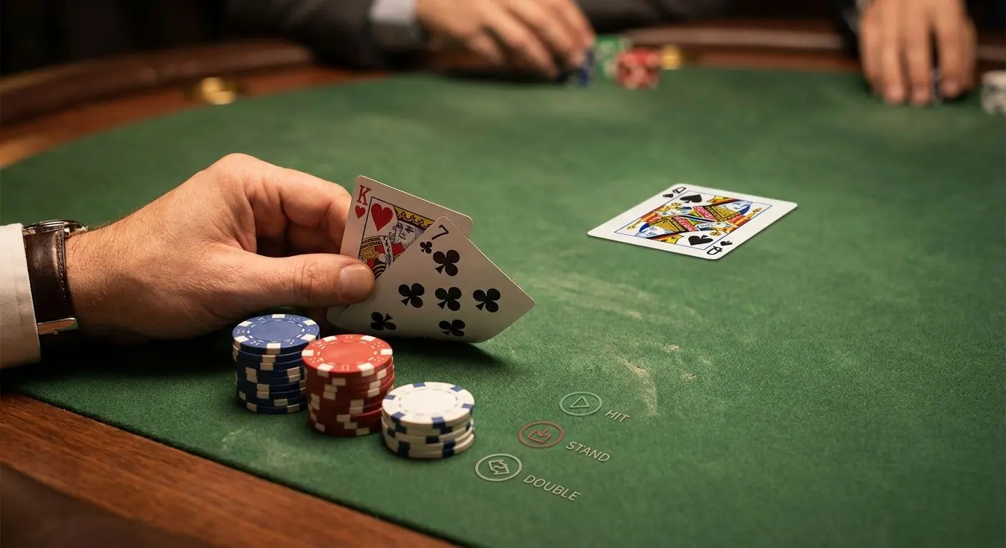 Carte blackjack sul tavolo in una situazione strategica