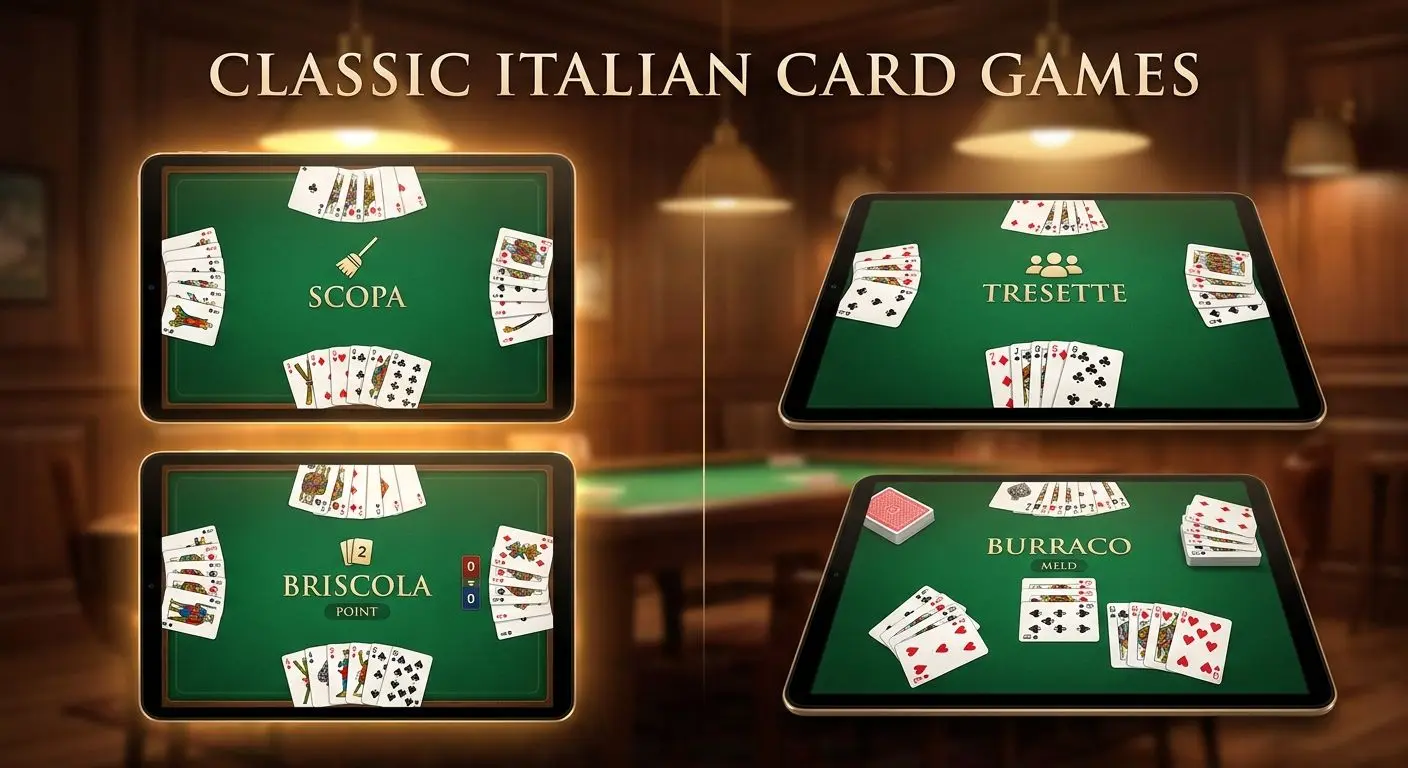 Diversi tavoli virtuali con carte italiane per classici giochi di carte