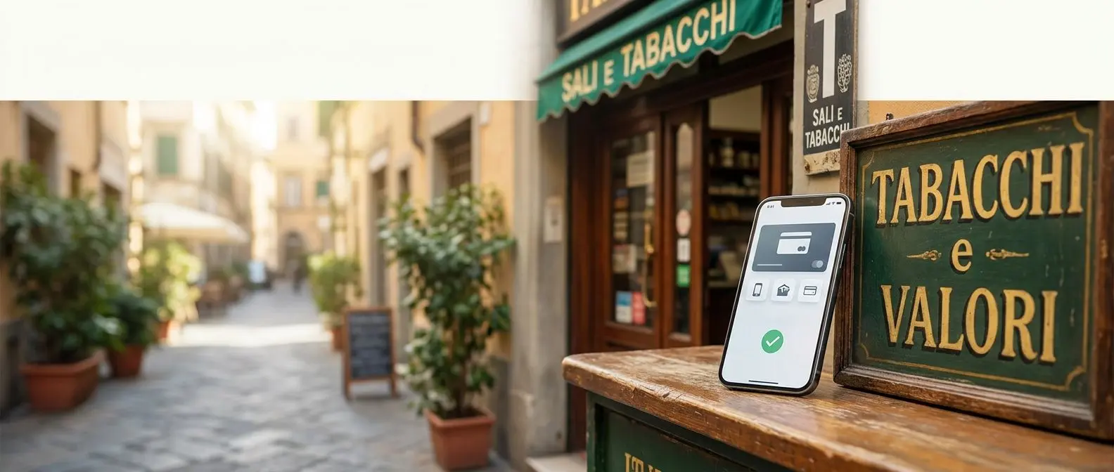 Smartphone con app di pagamento e insegna di tabaccheria italiana