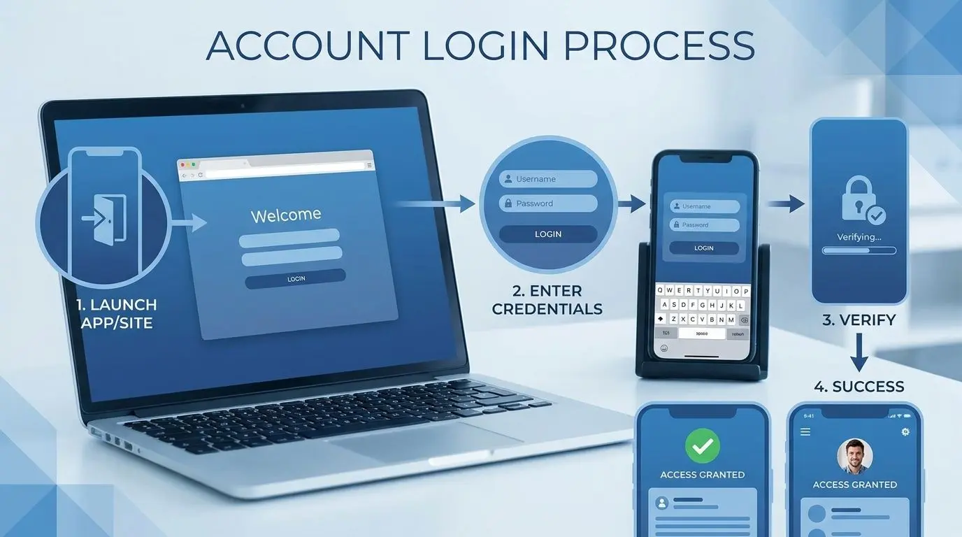 Procedura passo dopo passo per il login Schema illustrato del processo di login da sito o app