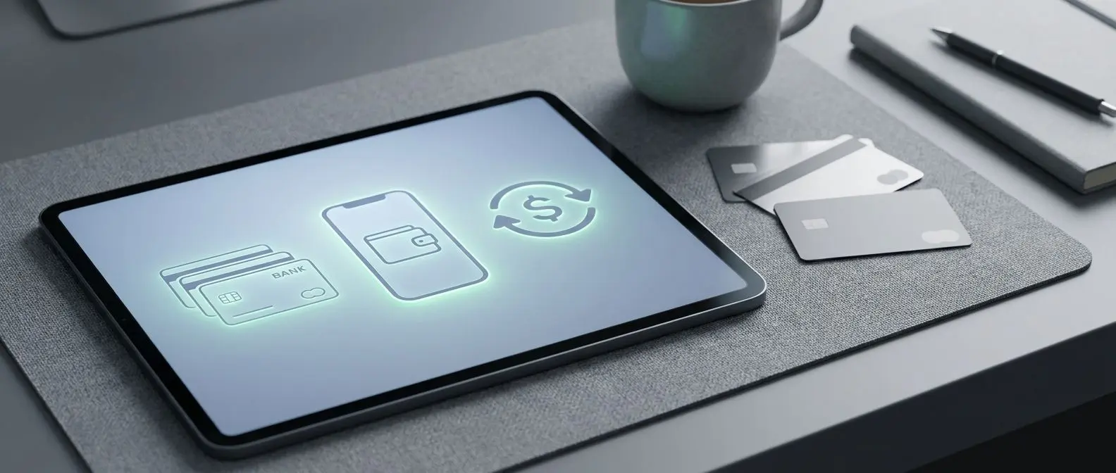 Banner sui pagamenti online con carte, e-wallet e bonifico in stile fintech