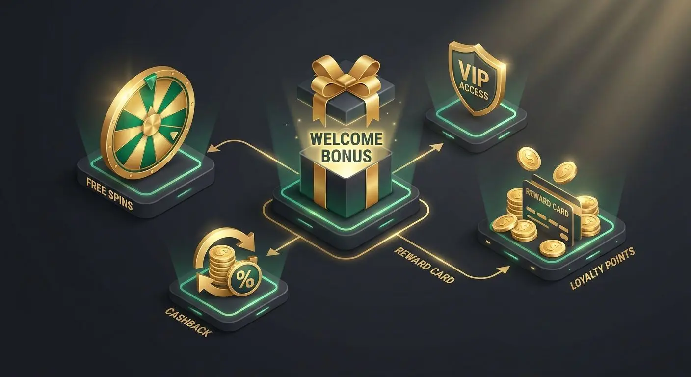 Illustrazione con bonus di benvenuto, giri gratis e cashback