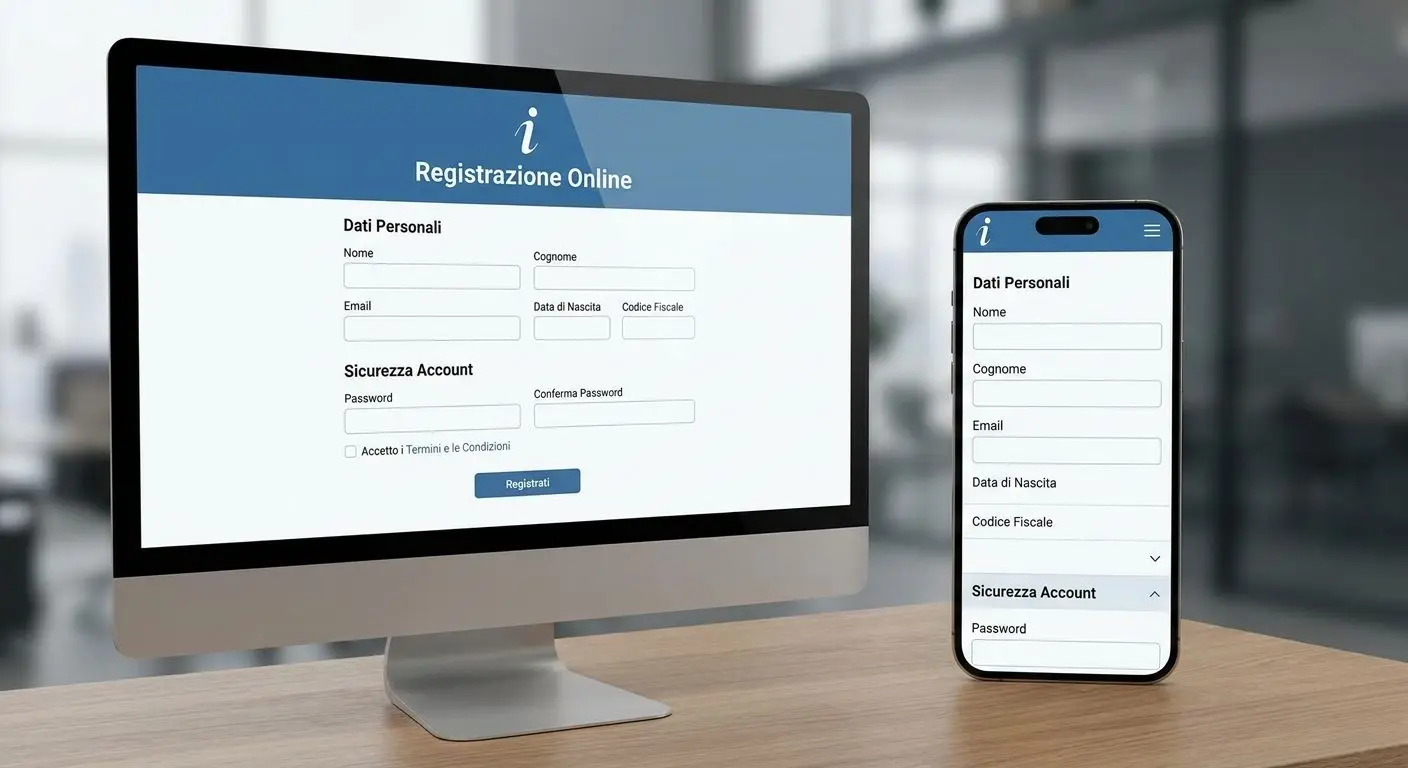 Interfaccia concettuale del form di registrazione Modulo di registrazione online su desktop e smartphone