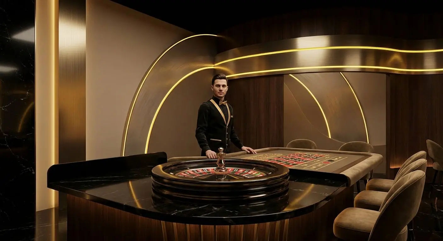 Tavolo live elegante in stile nero e giallo con ruota e croupier