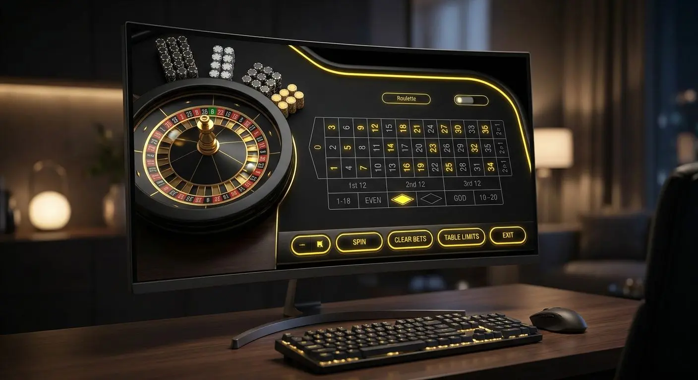 Interfaccia di tavolo roulette online con ruota e griglia puntate